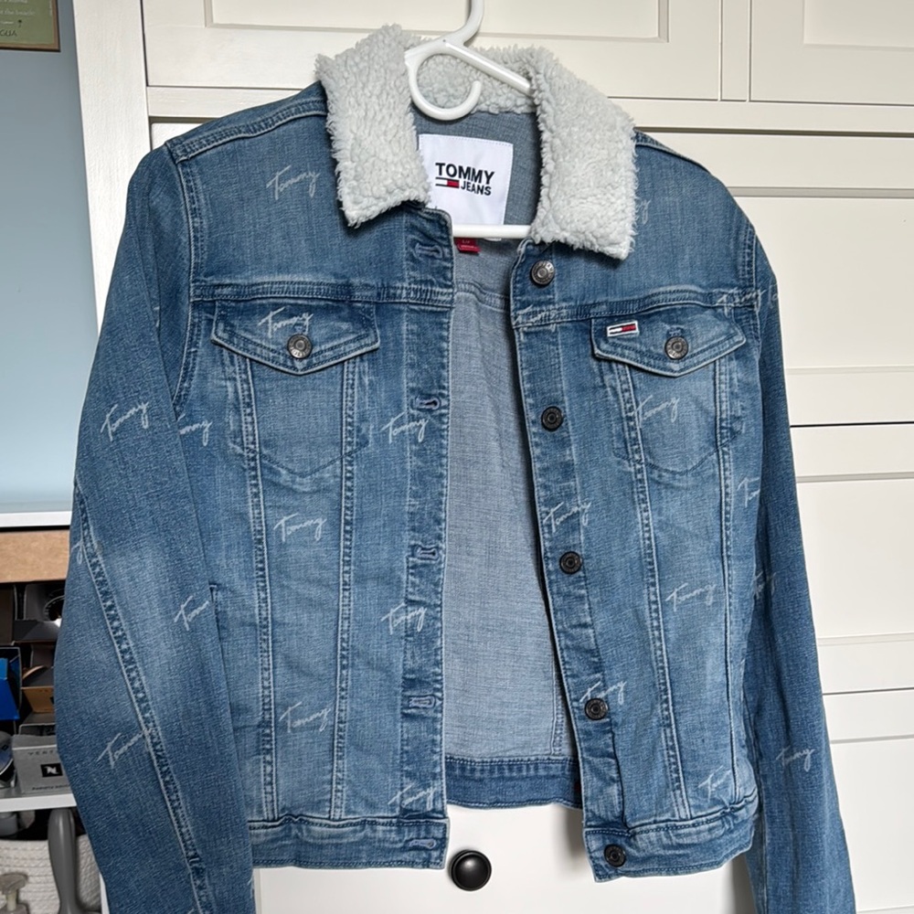 Tommy Jeans Blue Denim Jacket with White Sherpa Collar